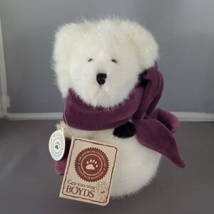 Vintage Boyds Bear Snowbear Mikie O'burr White Plush Bear with Purple Scarf 7"